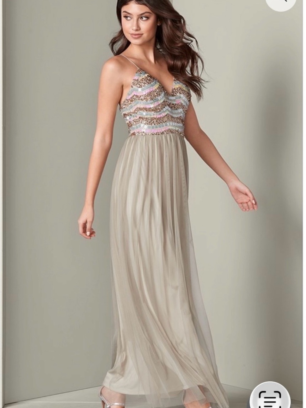 VENUS Beaded Multicolor Bodice Taupe Maxi Dress
